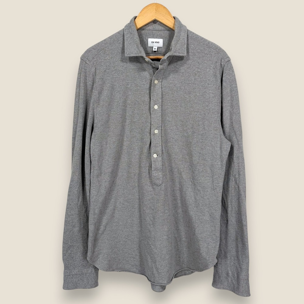 Elk Head Atlanta Popover Button Shirt Men Medium Gray Cotton Cutaway Collar